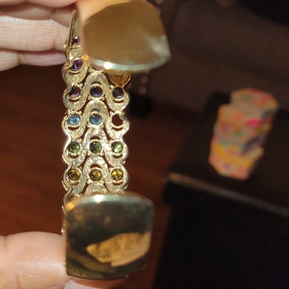 Glamorous Sterling Silver Multi Color Sapphire Gemstone Hinged Cuff Bracelet - Picture 7 of 8